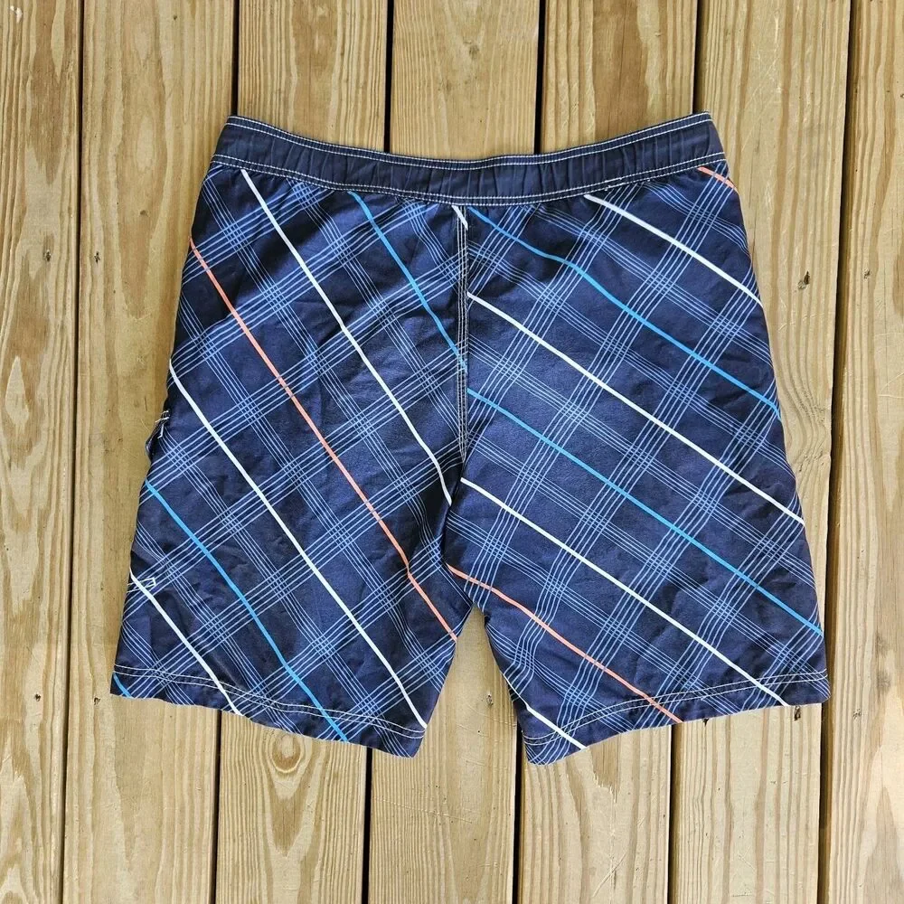 Speedo Mens's Medium Plaid Board Shorts Blue Orange Retro Surf Swim Trunks